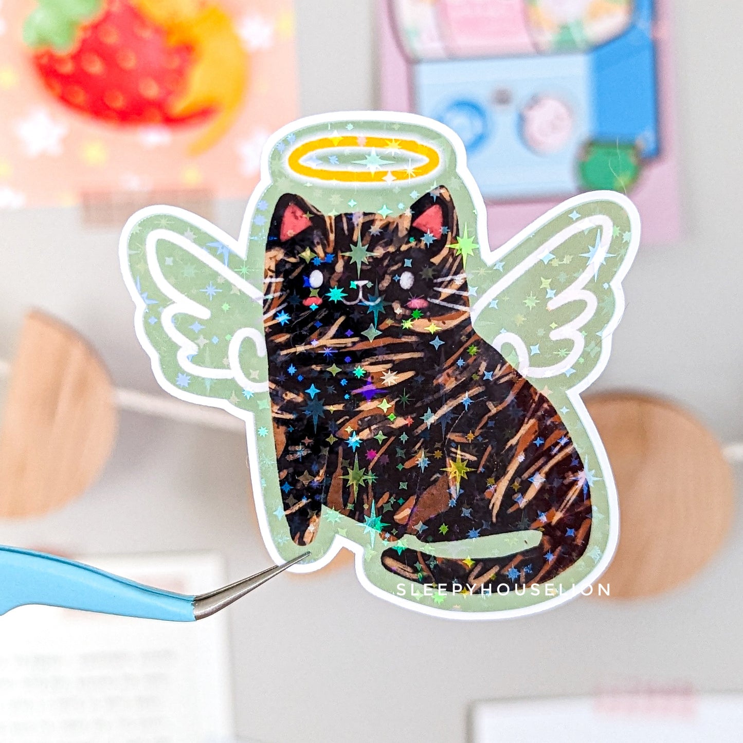Angel Cat with Holographic Details Vinyl Sticker - Sleepy House Lion