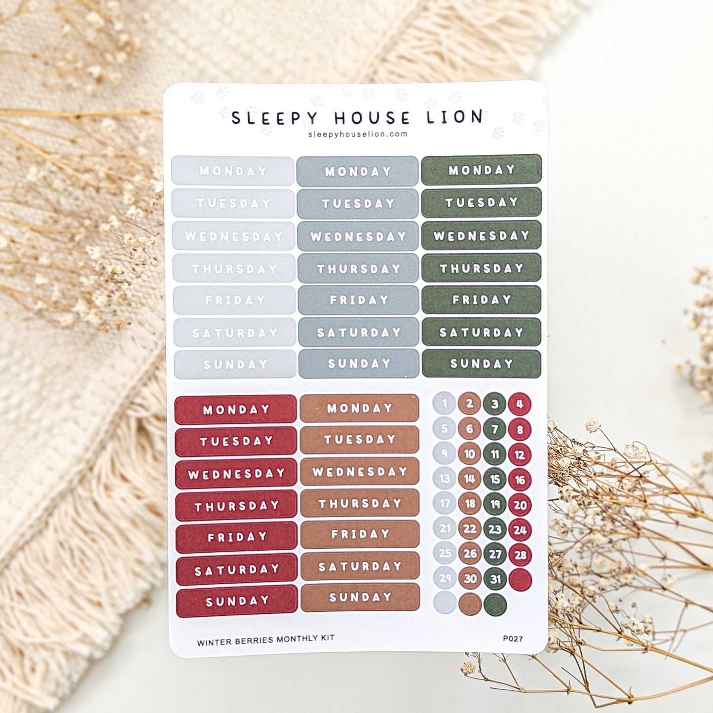 Winter Berries Monthly Planner Date Sticker Sheets - Sleepy House Lion