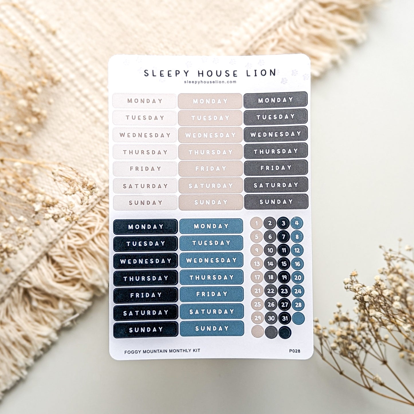 Foggy Mountain Monthly Planner Date Sticker Sheets - Sleepy House Lion