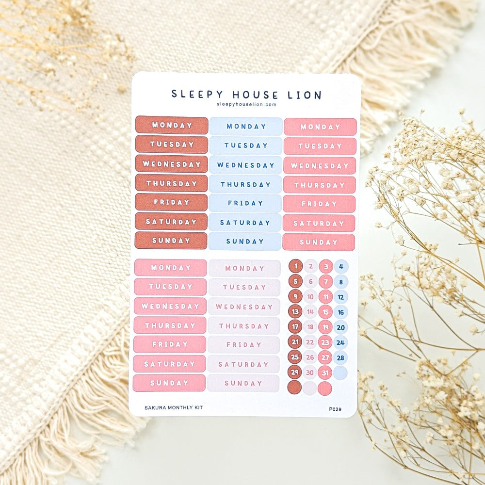 Sakura Monthly Planner Date Sticker Sheets - Sleepy House Lion
