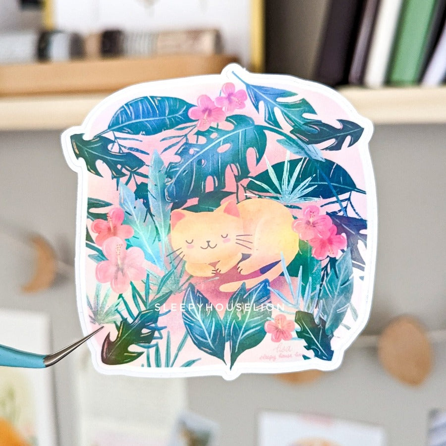 HOLO SLEEPING JUNGLE KITTY DIE CUT STICKER (2 HOLO STYLES)