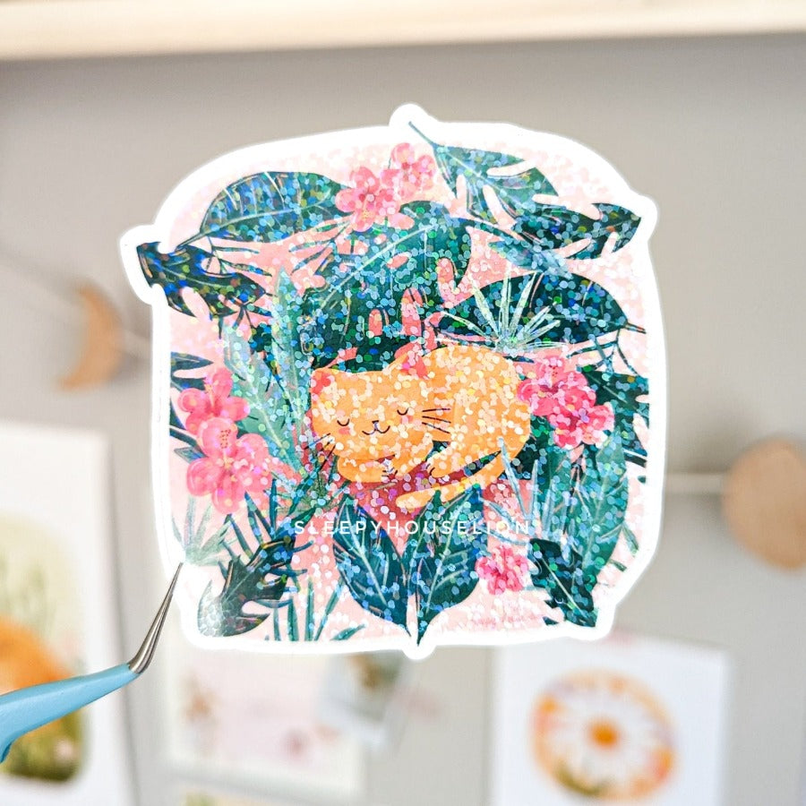 HOLO SLEEPING JUNGLE KITTY DIE CUT STICKER (2 HOLO STYLES)