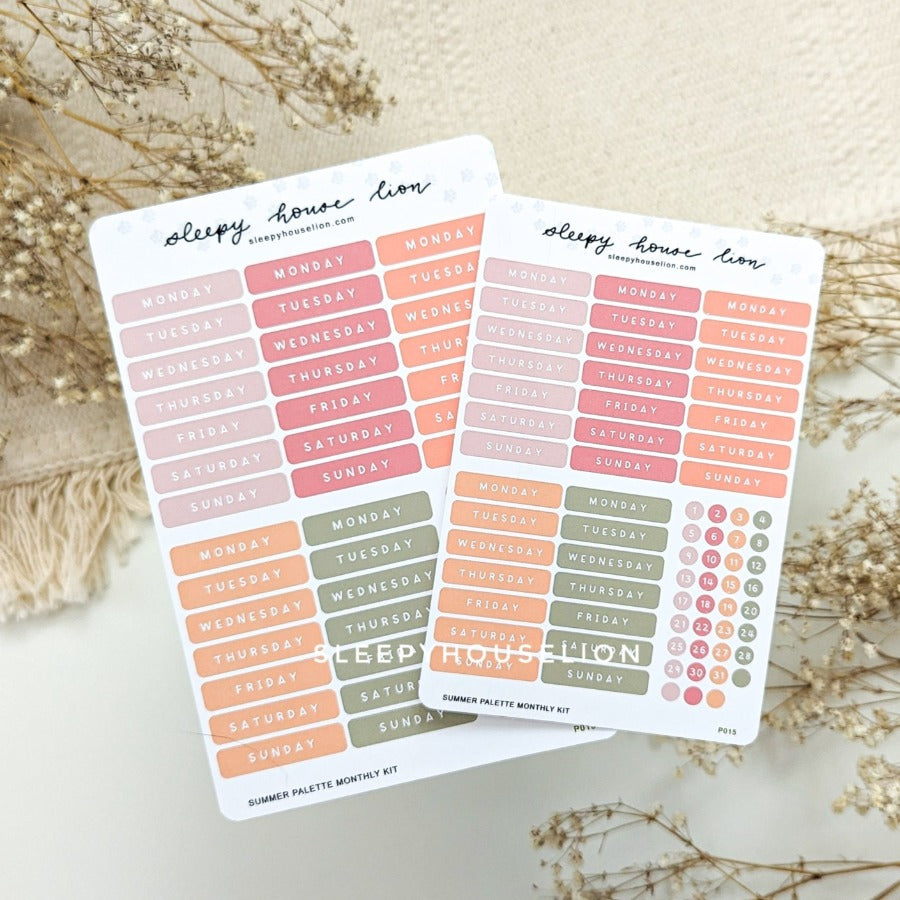 Summer Palette Monthly Planner Date Sticker Sheets - Sleepy House Lion