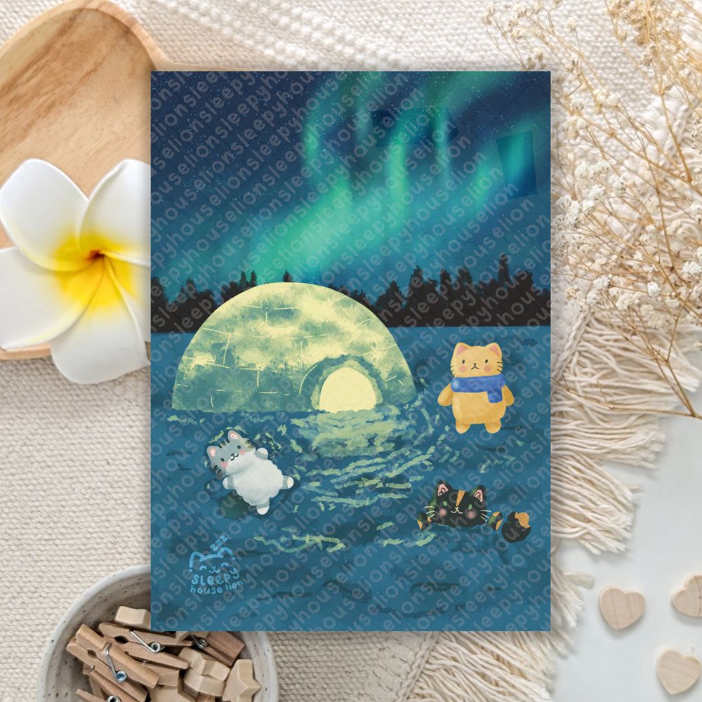 art print of three cats watching the night sky with an igloo