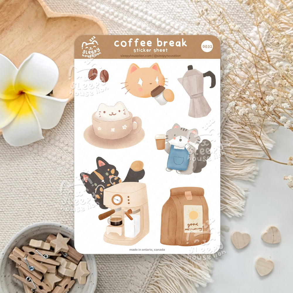 cats and coffee themed sticker sheet