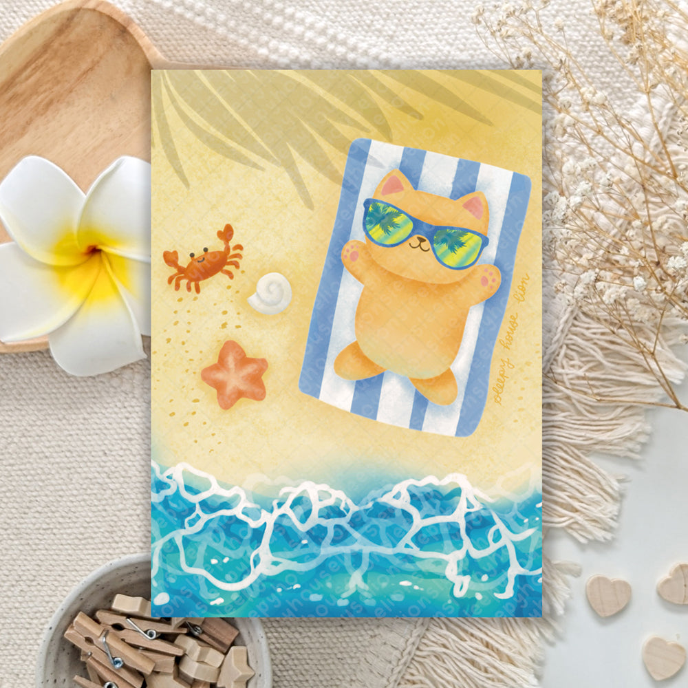 cat relaxing on the beach art print