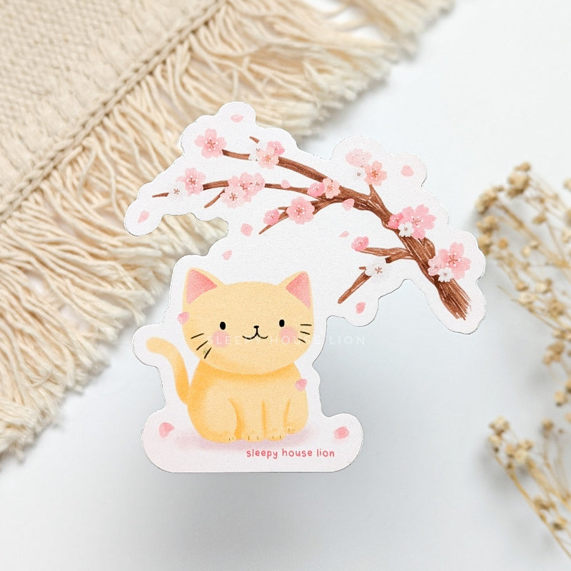 cat sitting under a sakura blossom