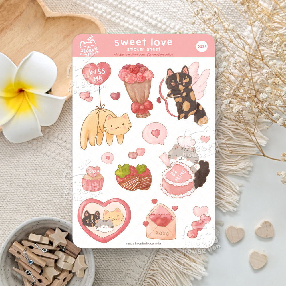valentine's day themed sticker sheet with cats and hearts and baked goods