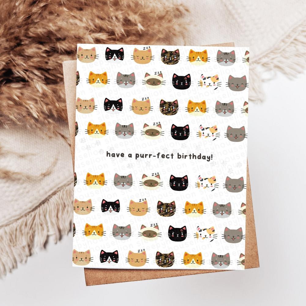 Have A Purr-Fect Birthday Greeting Card - Sleepy House Lion