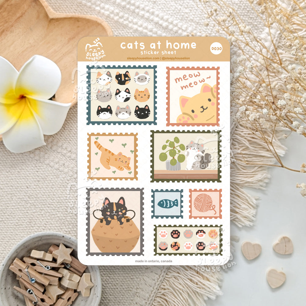 cute cats in stamp shapes doing activities at home in a bohemian style
