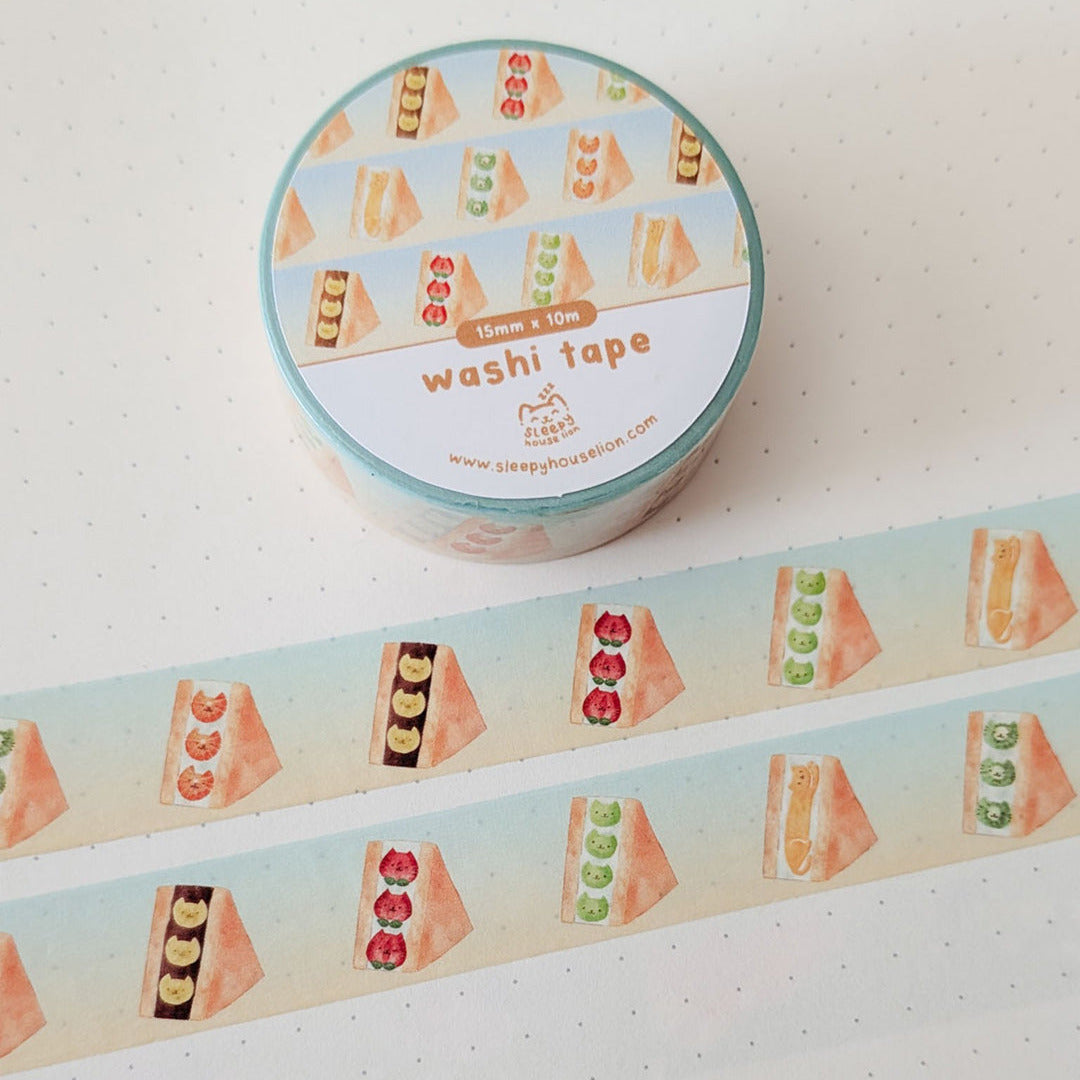 Washi tape with cat fruit sandwich design on a white background