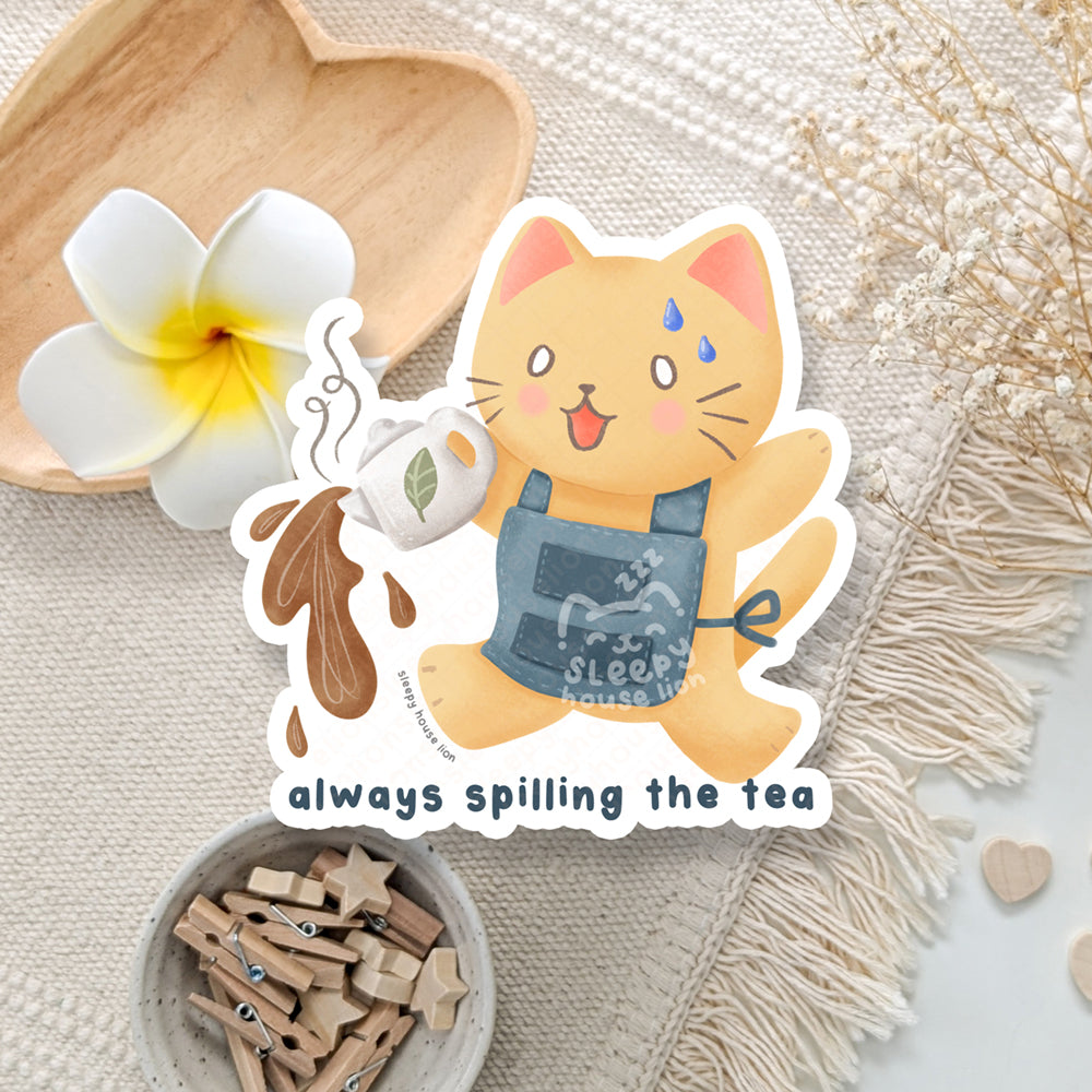 funny cat always spilling the tea vinyl sticker