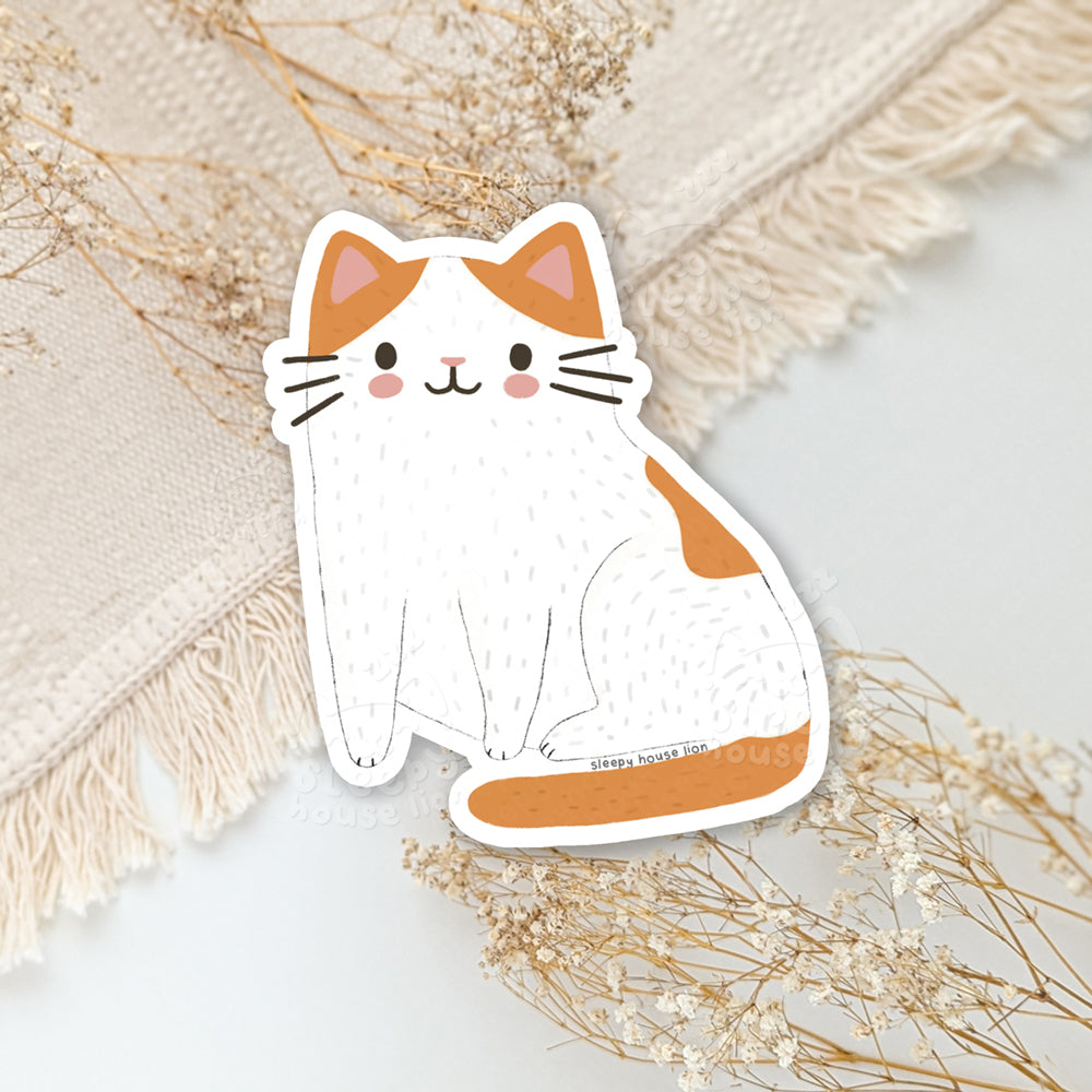 Sticker of a white cat with orange patches (turkish van) on a textured surface with dried flowers.