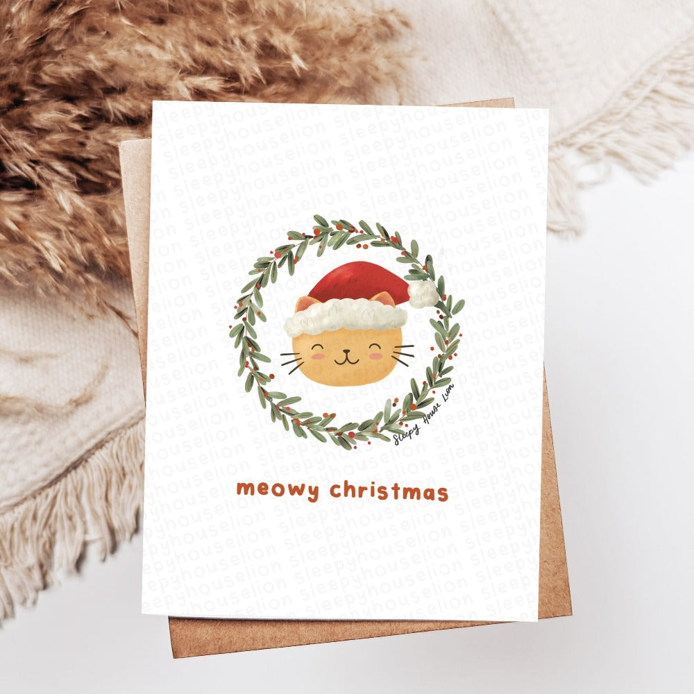 Meowy Christmas Greeting Card - Sleepy House Lion