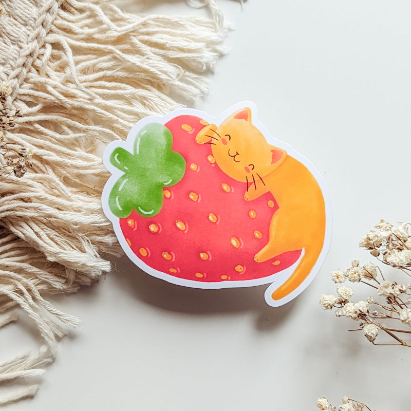 orange cat with giant strawberry vinyl sticker