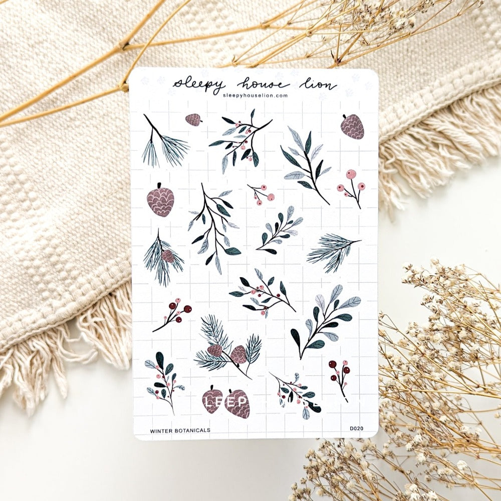 Winter Greenery and Botanicals Sticker Sheet - Sleepy House Lion