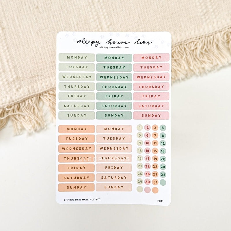 Spring Dew Monthly Planner Date Sticker Sheets - Sleepy House Lion
