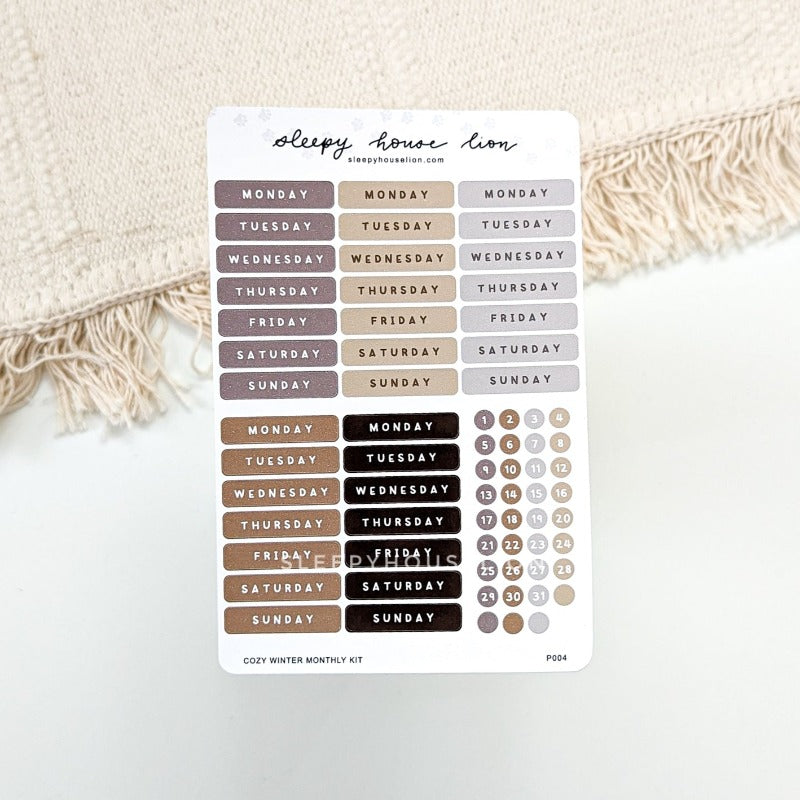 Cozy Winter Neutral Monthly Planner Date Sticker Sheets - Sleepy House Lion