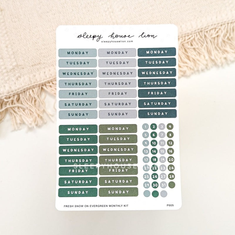 Snow On Evergreen Monthly Planner Date Sticker Sheets - Sleepy House Lion