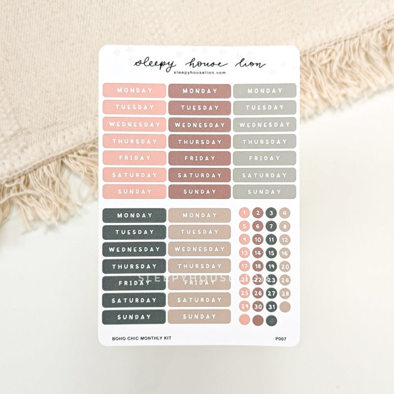 Boho Chic Monthly Planner Date Sticker Sheets - Sleepy House Lion