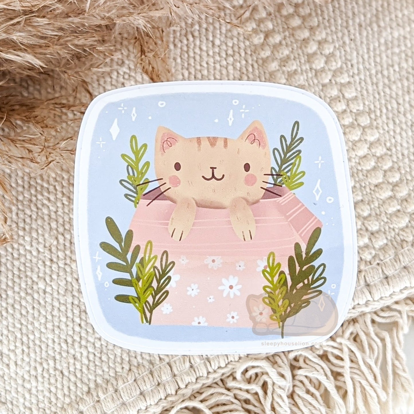 Happy Cat In a Box Vinyl Sticker - Sleepy House Lion