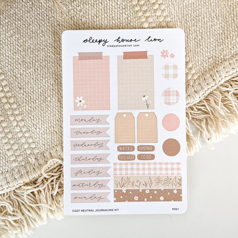 Cozy Neutral Journaling Kit Sticker Sheet - Sleepy House Lion