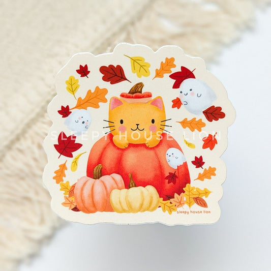 Cozy Autumn Cat In Pumpkin with Ghosts Vinyl Sticker - Sleepy House Lion