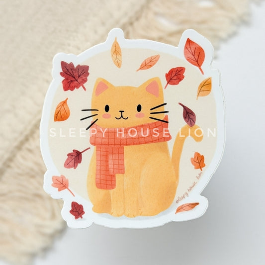 Autumn Cat Wearing A Scarf Vinyl Sticker - Sleepy House Lion