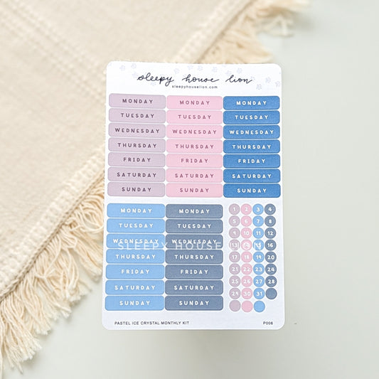 Pastel Ice Crystal Monthly Planner Date Sticker Sheets - Sleepy House Lion