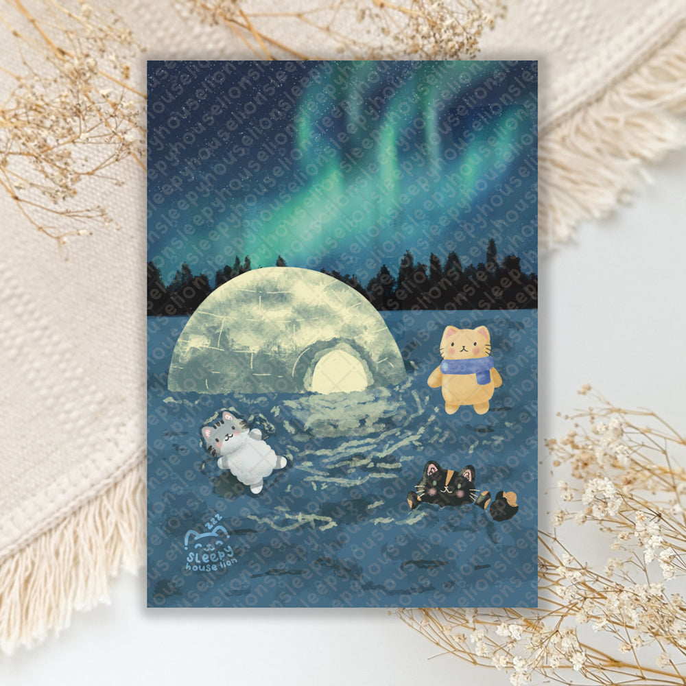 art print of three cats watching the night sky with an igloo