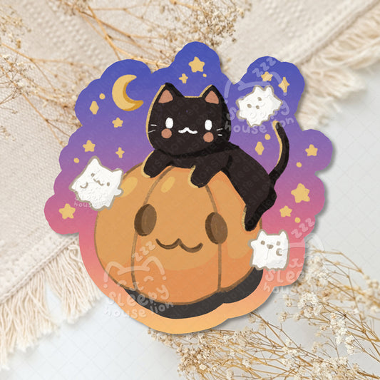 Illustration of a black cat on a pumpkin with a starry night background