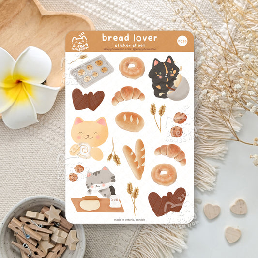 Sticker sheet for 'bread lover' with cute illustrations of bread, cats, and other elements on a neutral background.