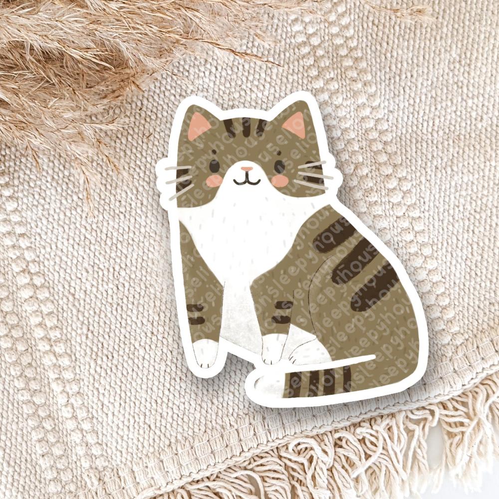 brown tuxedo tabby with white tipped tail cat vinyl sticker