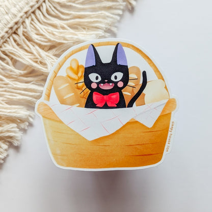 black cat in bread basket vinyl sticker