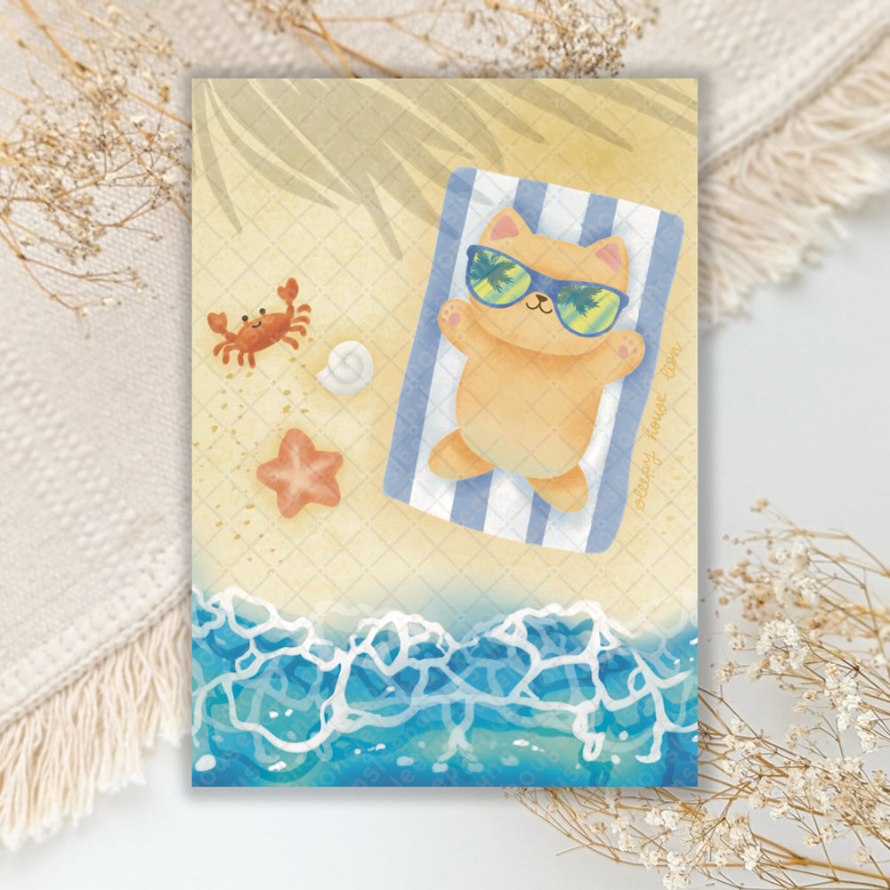 cat relaxing on the beach art print