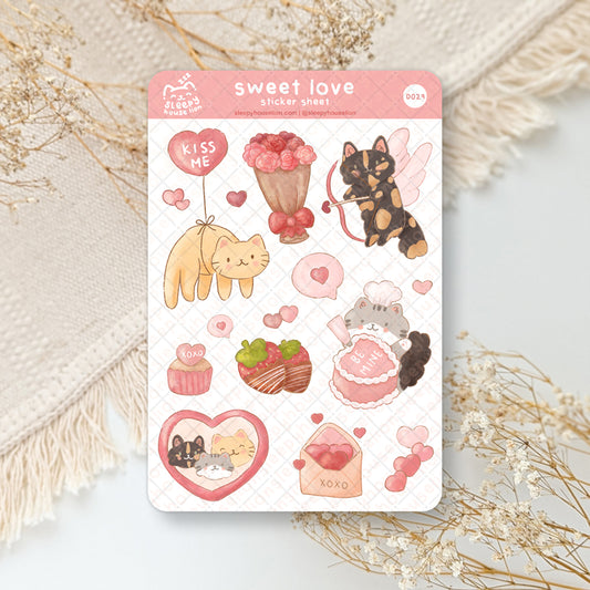 valentine's day themed sticker sheet with cats and hearts and baked goods