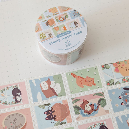 Decorative washi tape with cats at home illustrations on a white background
