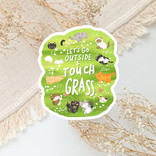 A bunch of cats in a grassy field with the text "Let's Go Outside and Touch Grass"