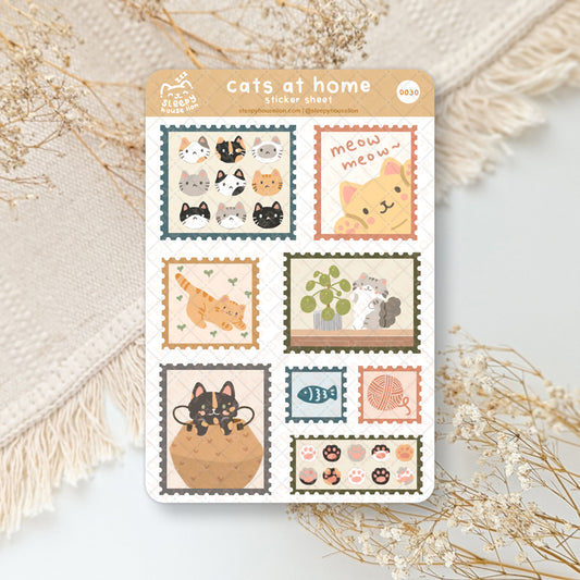 cute cats in stamp shapes doing activities at home in a bohemian style