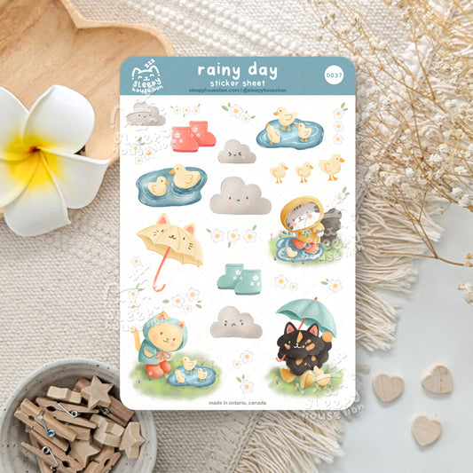 Sticker sheet titled 'rainy day' with cute cat illustrations