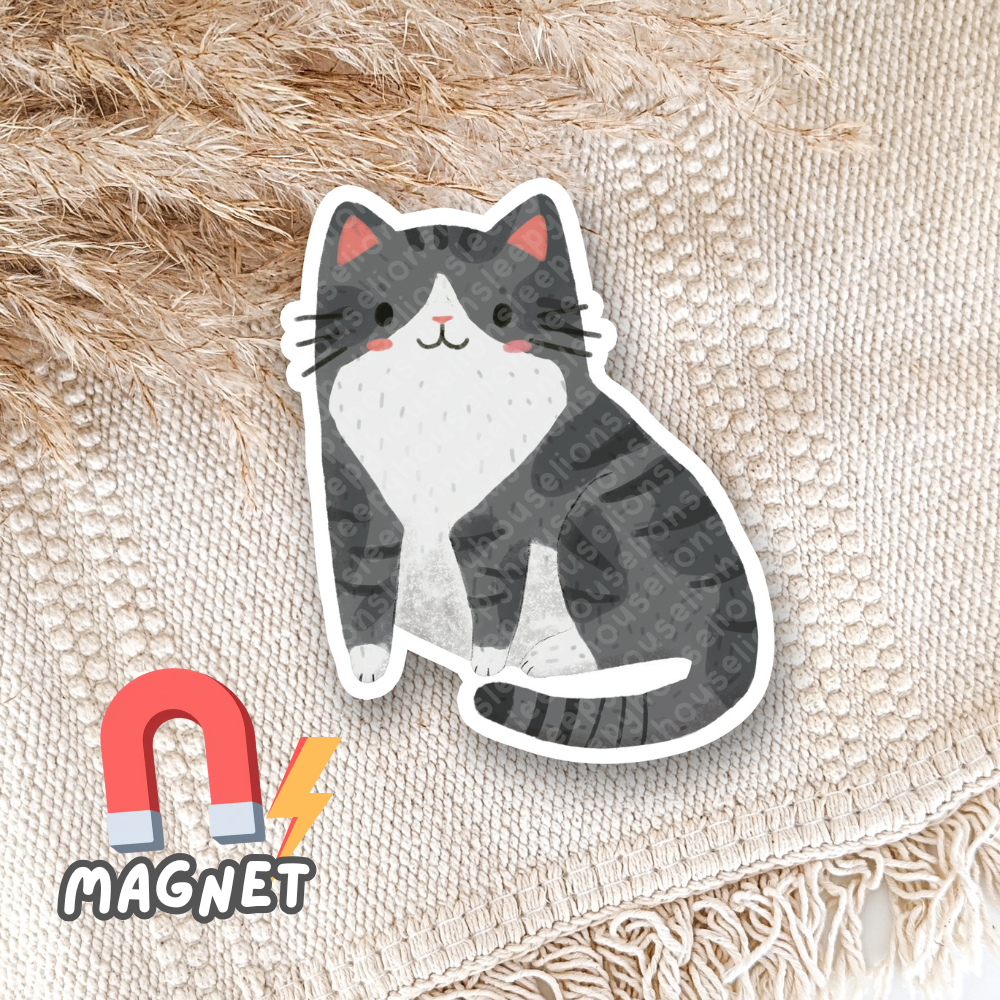 cartoon dark grey tuxedo tabby cat magnet