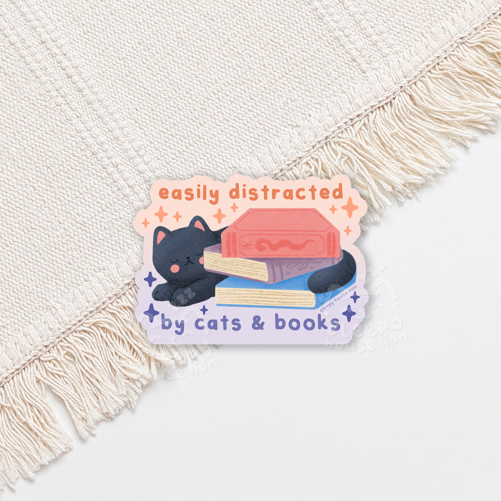 Easily Distracted by Cats & Books Vinyl Sticker
