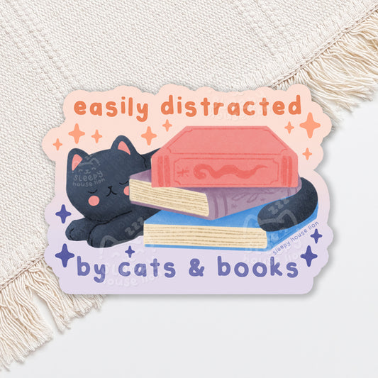 Easily Distracted by Cats & Books Vinyl Sticker - Sleepy House Lion