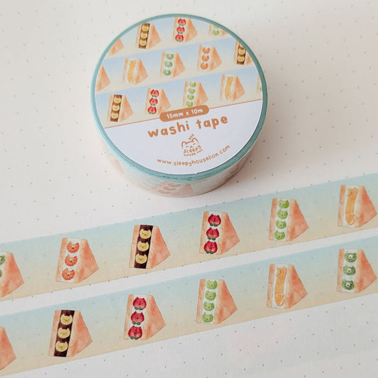 Washi tape with cat fruit sandwich design on a white background