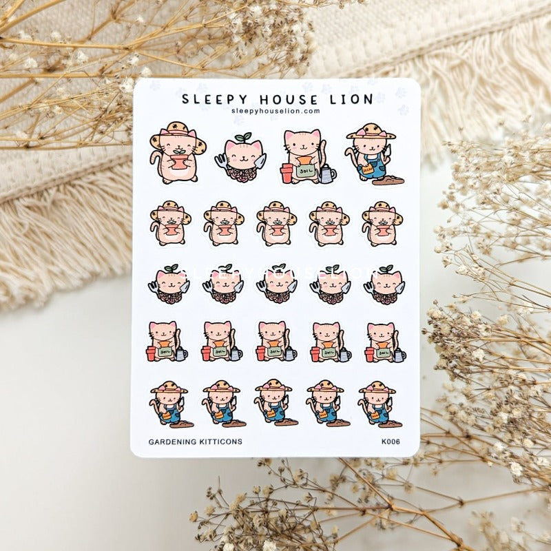 Gardening Kitticon Sticker Sheet - Sleepy House Lion