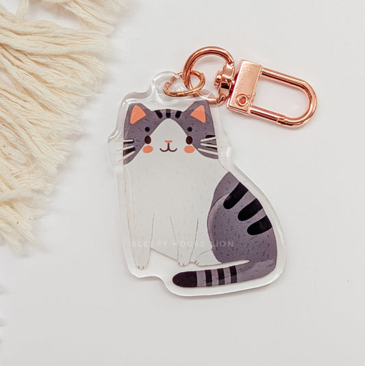 Cat-shaped keychain with a rose gold clasp on a light background