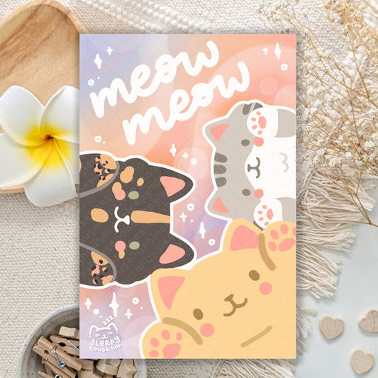 cat illustrations and 'meow meow' text on a decorative background