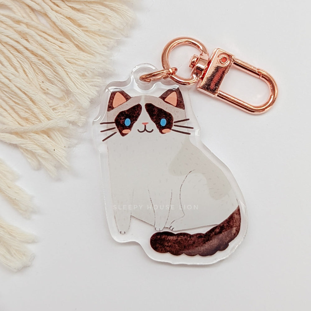 Cat-shaped keychain with rose gold clasp on a light background