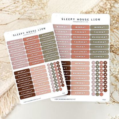 LIGHT ACADEMIA MONTHLY WEEKLY STICKER SHEET KIT