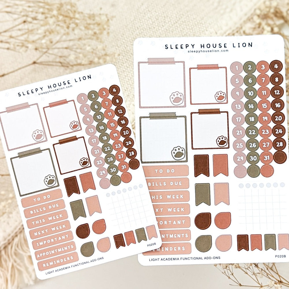LIGHT ACADEMIA MONTHLY WEEKLY STICKER SHEET KIT